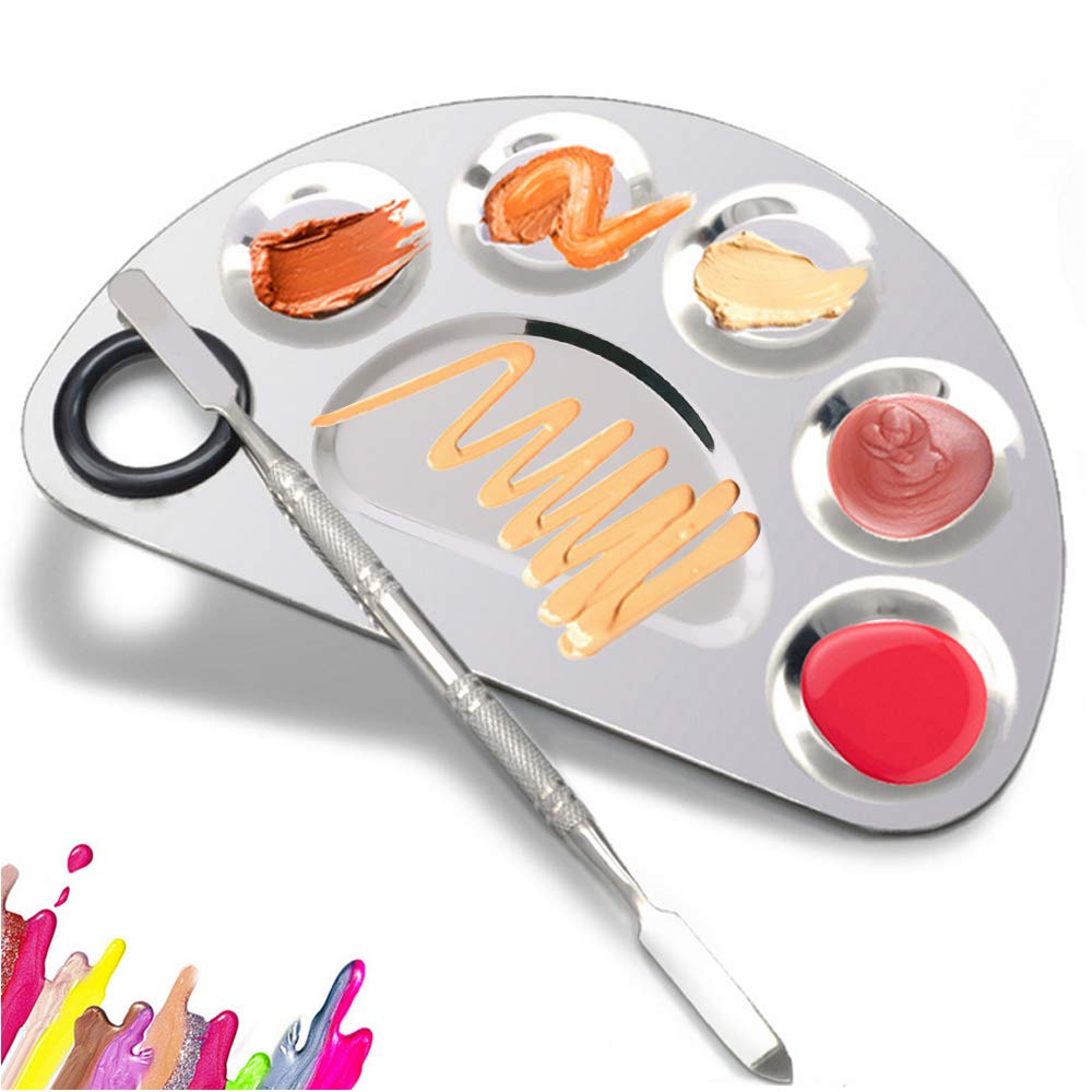 BOMJJORTulips Lake Makeup Palette Stainless Steel Cosmetic Palette 6-well with Spatula Tool for Nail Art Eye Shadow Mixing Foundation Painting Artist Mixing Metal Palette 15cm x 10cm