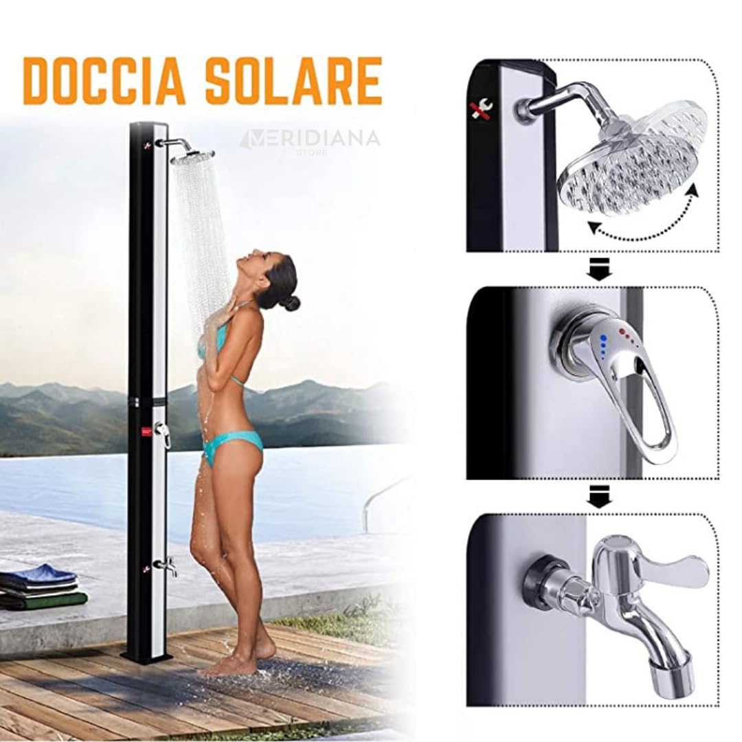 Meridiana Doccia Esterna Solare da Giardino 40L Acqua Fredda e Calda | Con Rubinetto Miscelatore e Soffione per Esterno Piscina, Doccia Solare Giardino, Doccia Solare da Esterno
