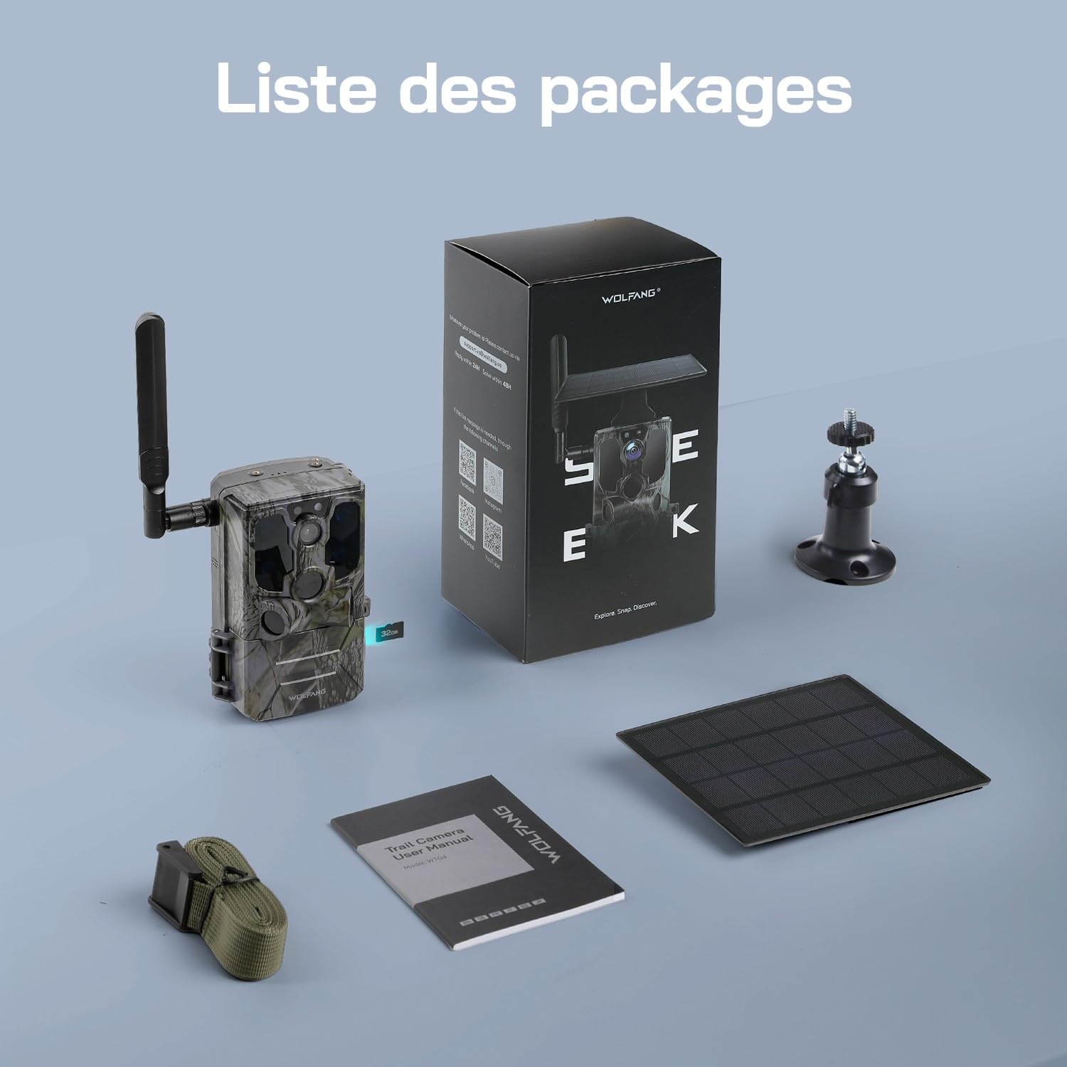 WOLFANG 4G Caméra de Chasse Solaire Extérieure avec Carte SIM, 2.5K Caméra Surveillance sur Batterie avec Détecter l'alarme, Vision Nocturne, IP66 Etanche, Audio Bidirectionnel