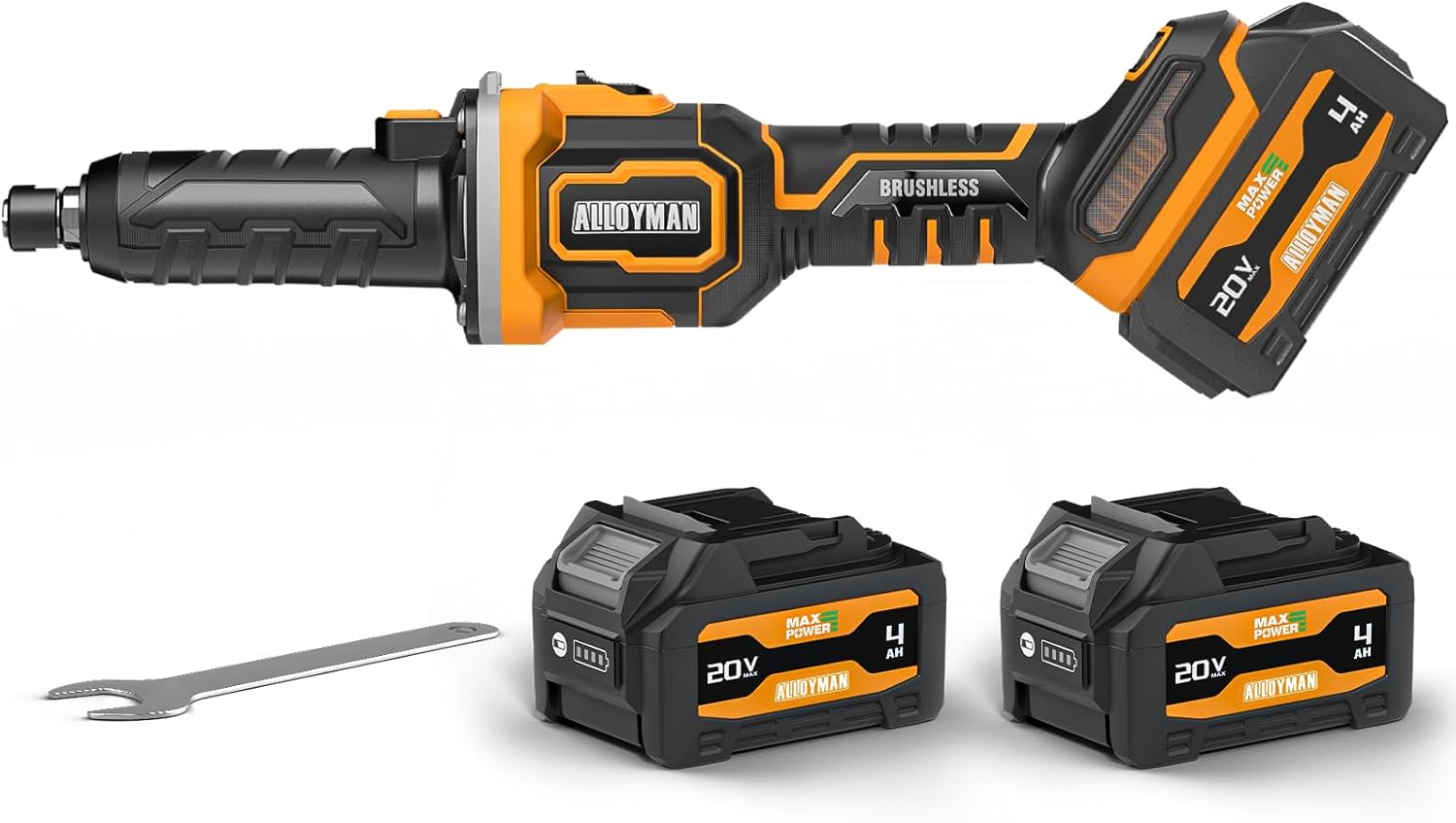 Alloyman Cordless Die Grinder Kit 20V, Brushless Motor,1/4" Collet, 3-Speed 13,000-25,000 RPM, 2X 4.0Ah Batteries& Charger, for Metal Grinding, Polishing & Weld Cleanup