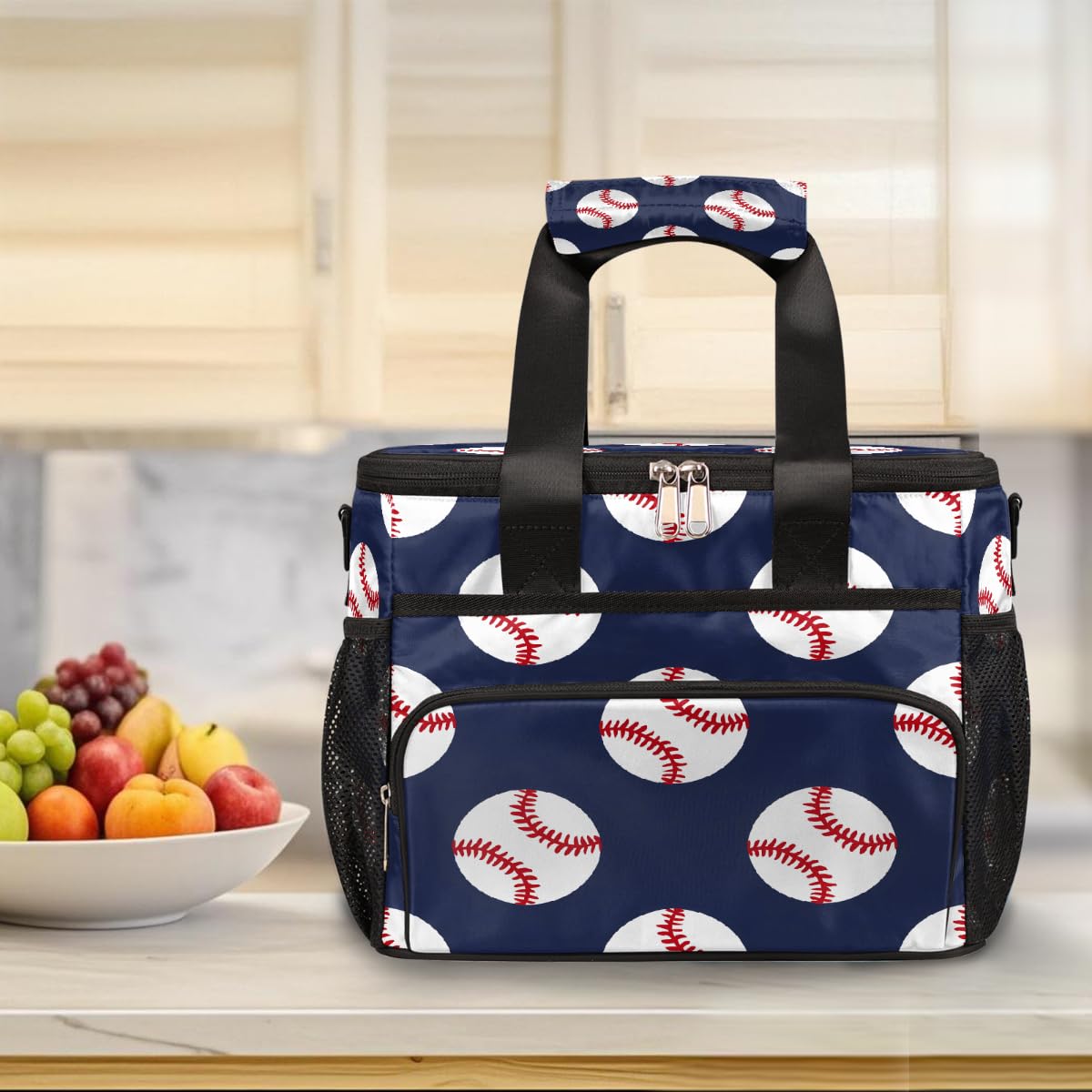 Mexpekil Borsa termica riutilizzabile a prova di perdite, motivo baseball blu, picnic, borsa termica a tema sport, borsa termica per donne, uomini, lavoro, campeggio, spiaggia, ufficio, 24 lattine, 15