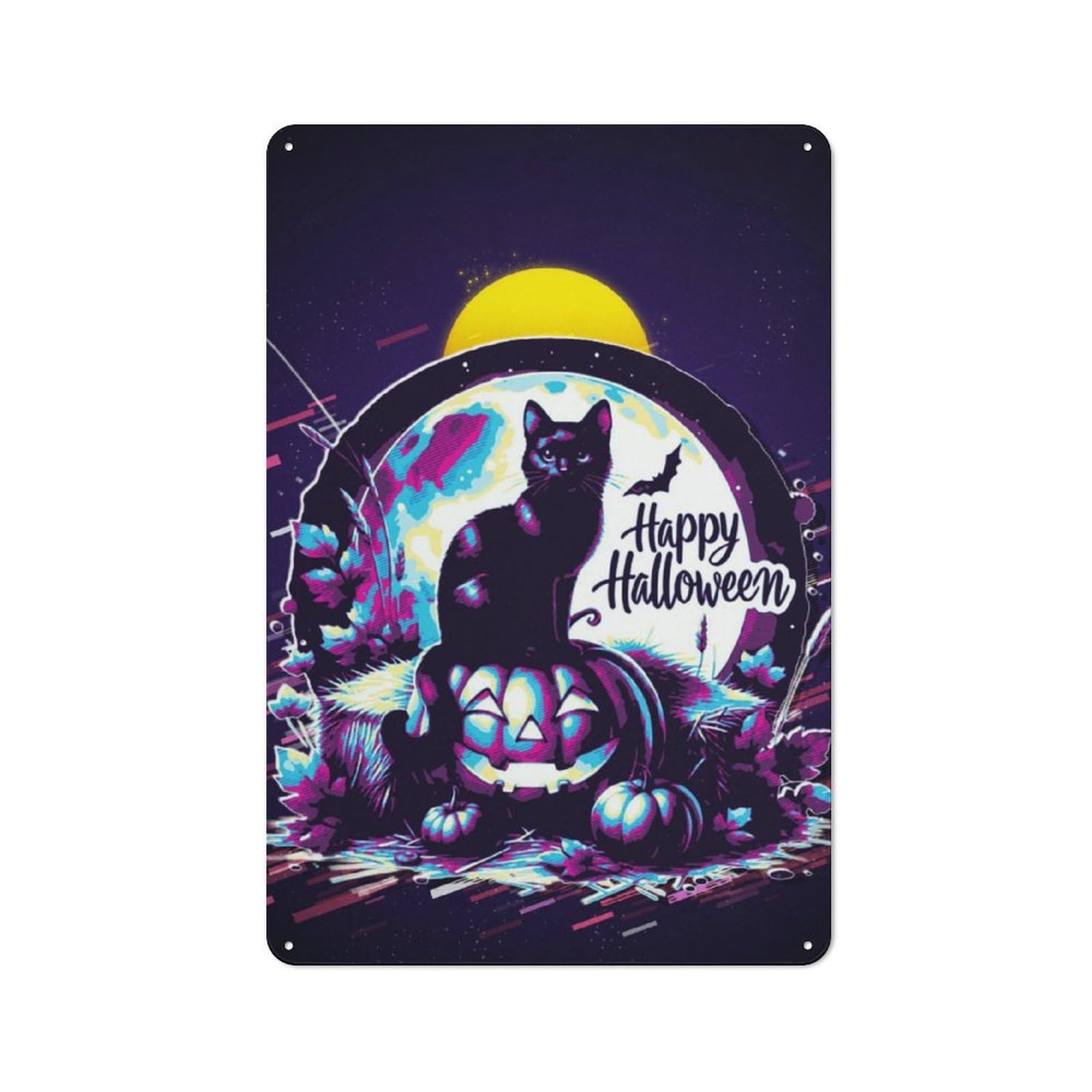Junmoney Halloween Cat & Pumpkin Retro Metal Wall Sign 30X20cm With For Living Room Wall, Housewarming Wall Decor For People Furnishing Living Room