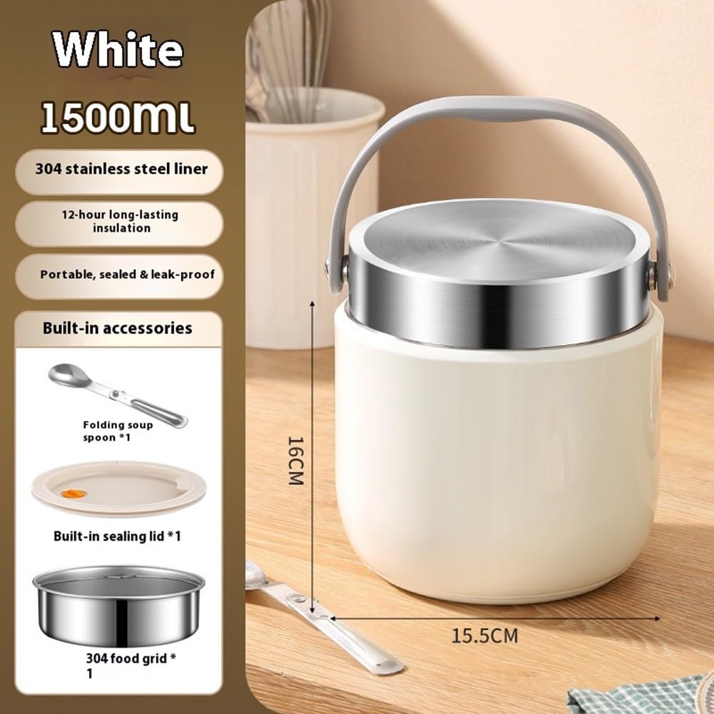 Contenitore termico per il pranzo in acciaio inossidabile, contenitore termico per alimenti da 1500 ml, con coperchio, contenitore a 6 strati isolante con cucchiaio pieghevole (bianco)