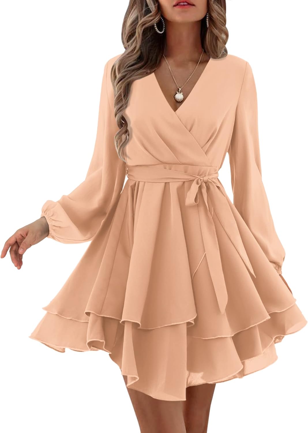 (Size L) Amoretu Women's 2024 Summer Wrap Dress Long Sleeve Casual V Neck Ruffle Mini Dresses XX-Large Pink