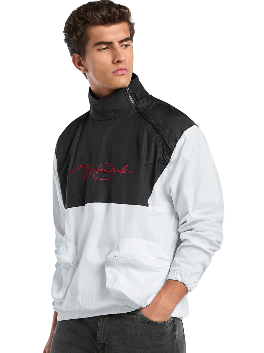 Bewakoof X Marvel Iron Man Men's Nylon Oversized Fit High Neck Windcheater Jacket | Bewakoof Air 1.0 | Jacket for Men Winter Wear in neutral