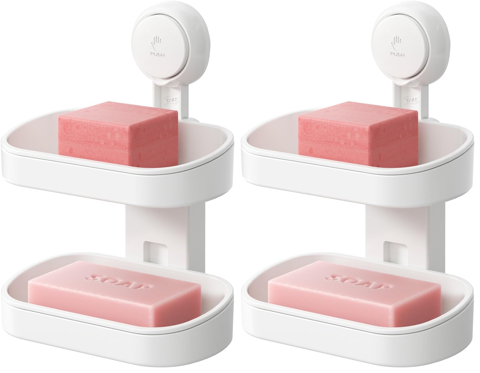TAILI Double Layer Soap Dish Suction Cup Soap Holder, Strong Sponge Holder for Shower, Bathroom, Tub and Kitchen Sink, Drill-Free, Removable (Pack of 2)
