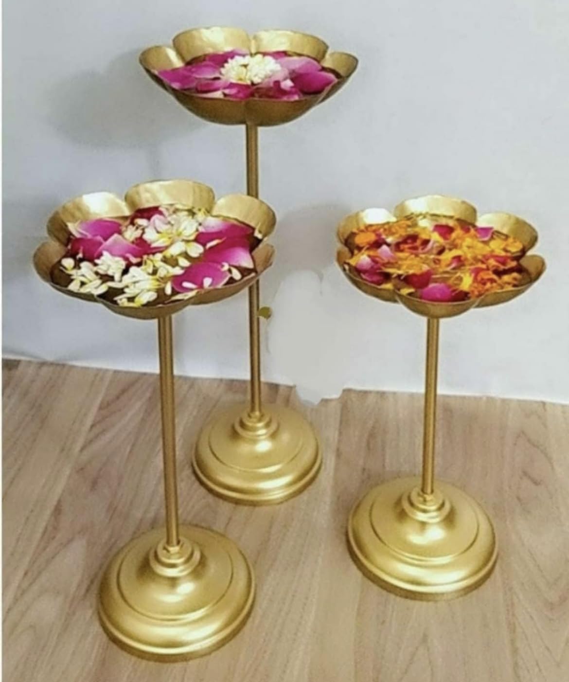 PRE Metals Set of 3 Urli Bowl tealight Holder Stand Diwali Home puja Decor Traditional Indian Brass Decorative Bowl for Home | Ideal for Floating Flowers (Taj Stand Set), (Gold-3)-image-21