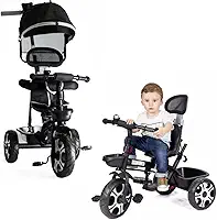 Triciclo Infantil Bebê Baby Style 2 em 1 com Assento Giratório 360°, Capota Removível e Haste de Empurrar – Certificado INMETRO (Preto)