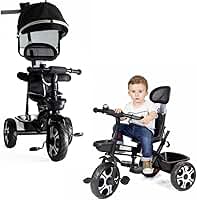 Triciclo Infantil Bebê Baby Style 2 em 1 com Assento Giratório 360°, Capota Removível e Haste de Empurrar – Certificado INMETRO (Preto)