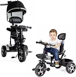 Triciclo Infantil Bebê Baby Style 2 em 1 com Assento Giratório 360°, Capota Removível e Haste de Empurrar – Certificado INMETRO (Preto)