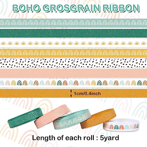 Image of Whaline 8 Rolls Boho Ribbon 40 Yards 0.4 Inch Grosgrain Ribbon Colorful Boho Sun Fabric Craft Ribbons for Back to School Wreath Bow Making Gift Wrapping Decor DIY Crafts