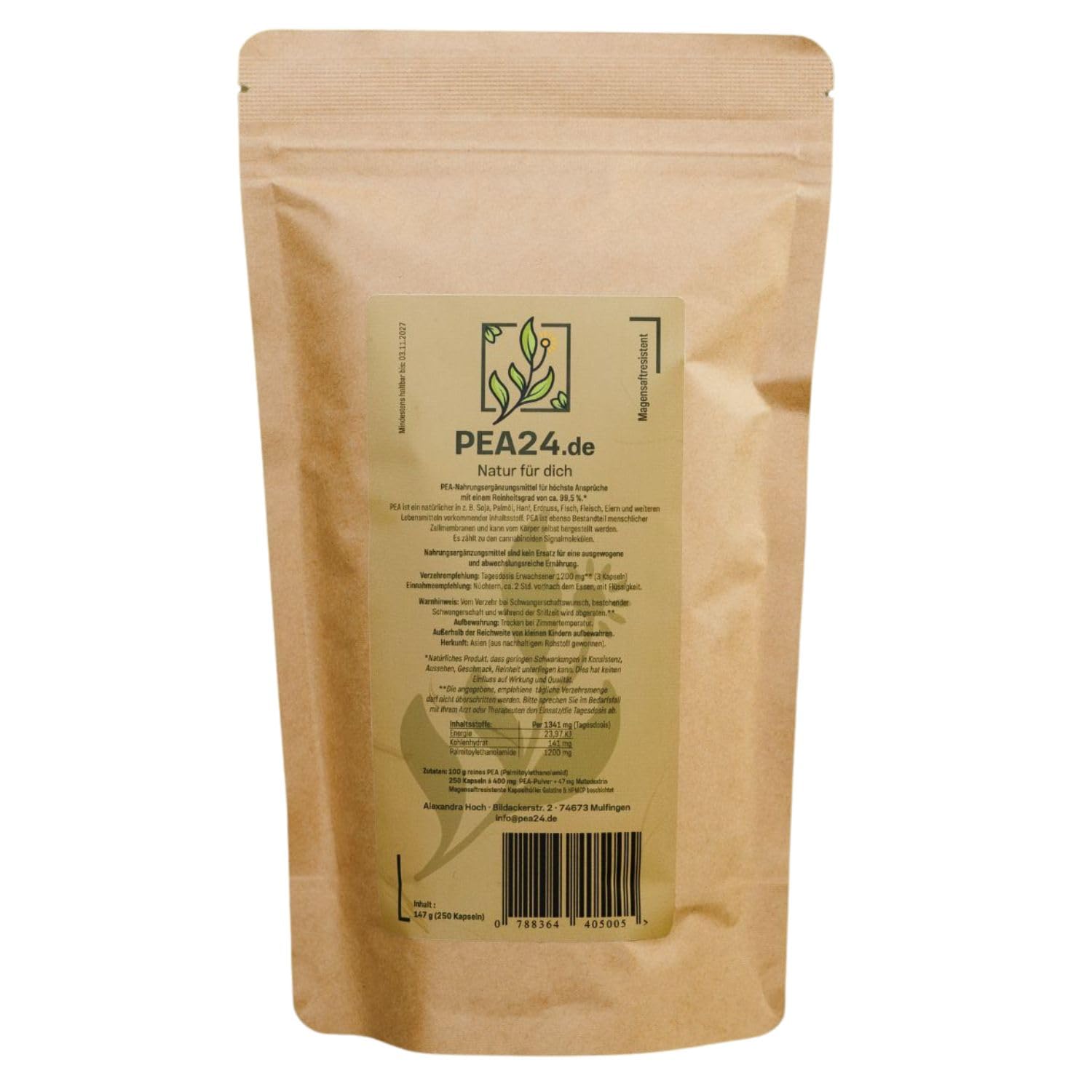 PEA Kapseln 250 Stück magensaftresistent von PEA24 – Reines Palmitoylethanolamid (99,5 % Reinheit) – 400 mg pro Kapsel – Ohne Zusätze – ISO 9001, GMP & HACCP zertifiziert