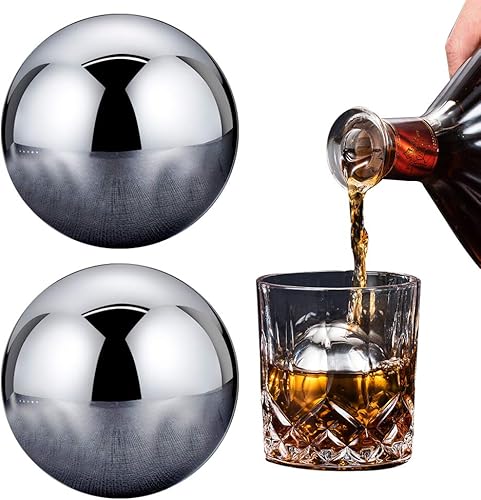 Piedras de whisky, 2 piezas de cubitos de hielo de metal reutilizables, bolas de whisky redondas de acero inoxidable, bolas de whisky esféricas,