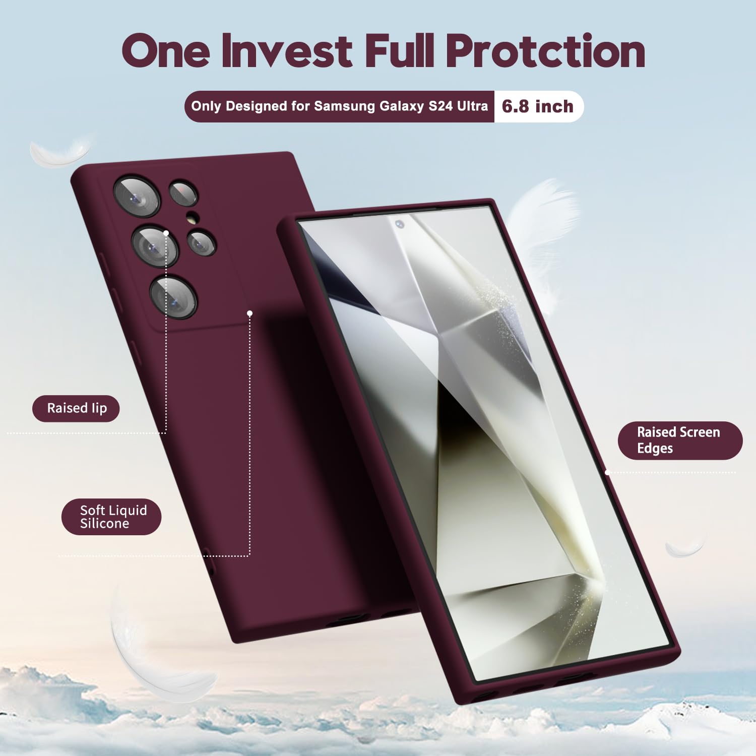oakxco for Samsung Galaxy S24 Ultra Phone Case Liquid Silicone, Thin Slim Soft Rubber Gel TPU Plain Simple Cover for Women Girl Cute, Matte Solid Color, Burgundy Plum Wine — view 3