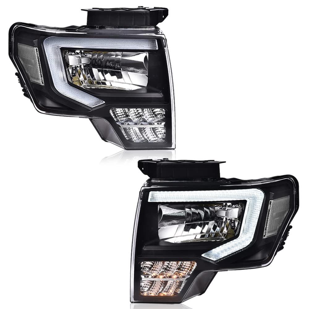 LED DRL Headlight Assembly, Compatible with Ford F150 2009-2014 Headlamps FO2503289 FO2502289 Driver Side & Passenger Side, Clear lens Black Housing Clear Reflector