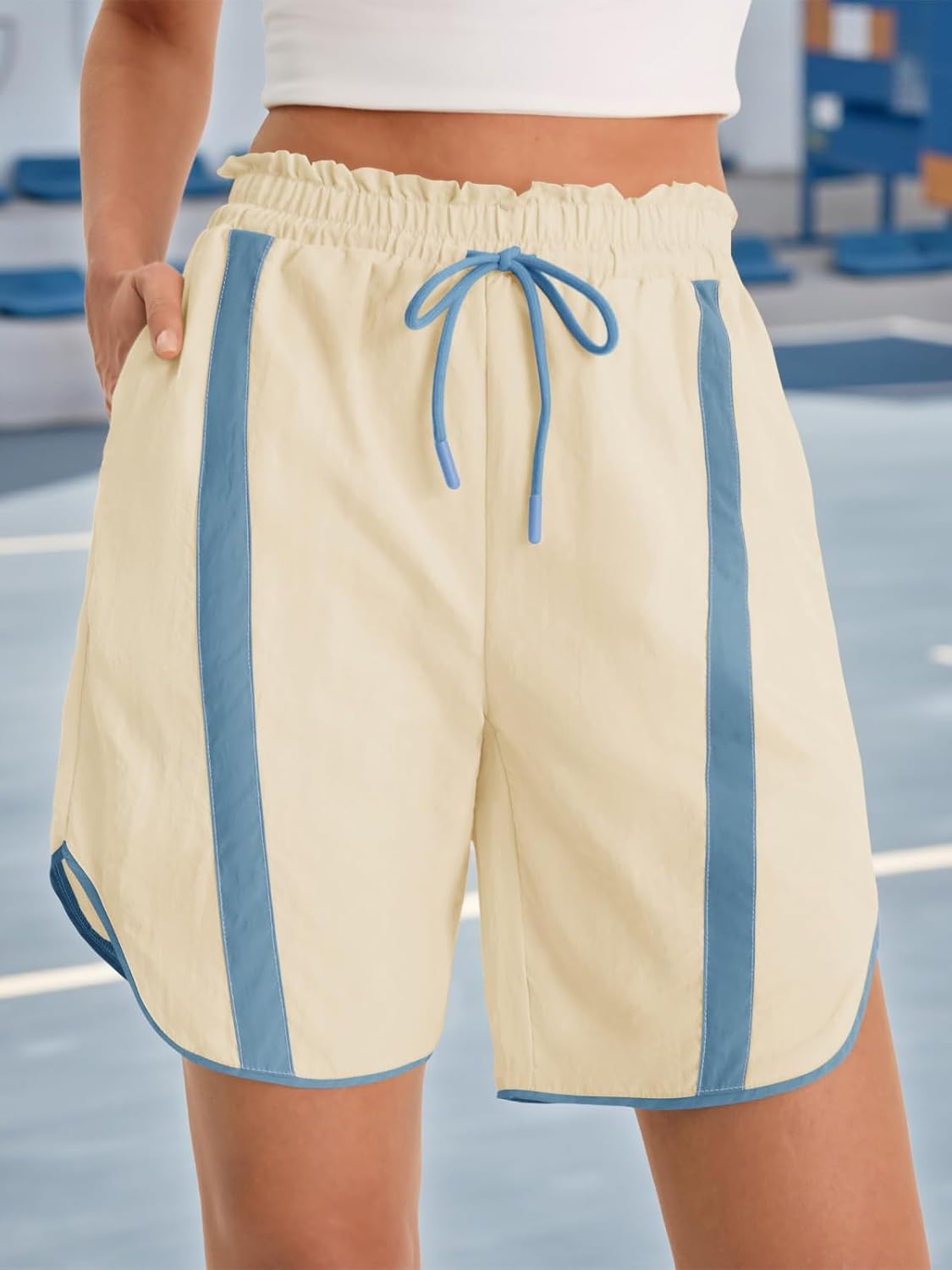 Fisoew Womens Baggy Cargo Shorts Casual Wide Leg Knee Length Drawstring Elastic Waist Workout Running Athletic Yoga Shorts - Image 2