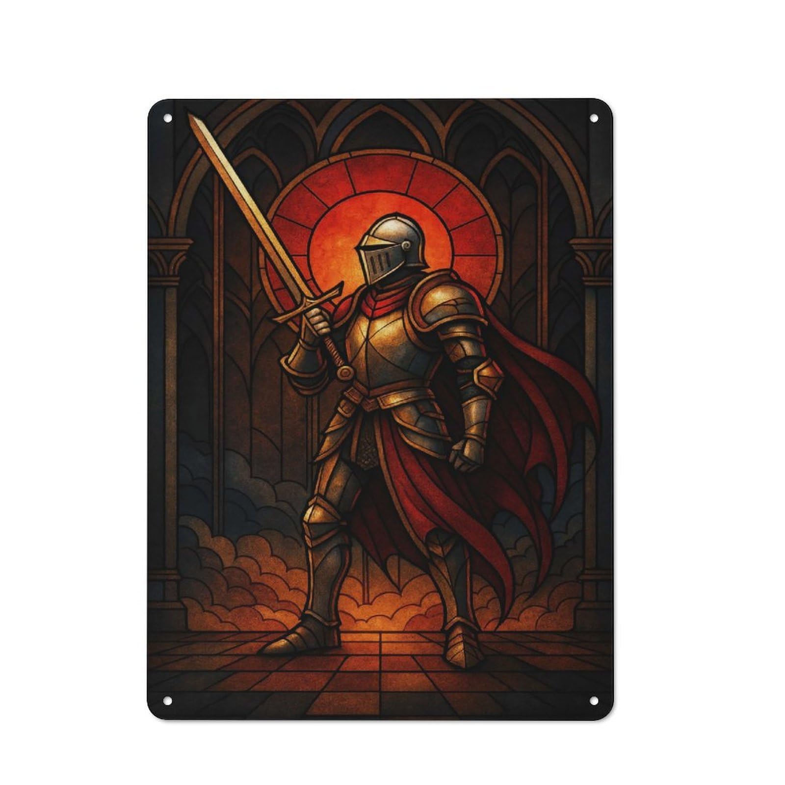 Junmoney Style-12 40X30cm Rustic Tin Sign With Stained Glass Knight With Sword For Home Office Or Studio, For Metal Sign Collectors, For Garage And Workshop Walls
