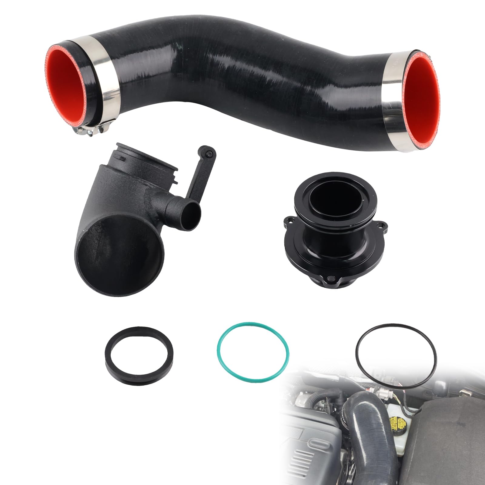 Turbo-Einlassrohr-Set, kompatibel mit VW Golf MK7/7.5 GTI R, Audi A3 S3 8V TT EA888 IS20 IS38 – High Flow Aluminium Ellenbogen & Silikonschlauch & Schalldämpfer löschen