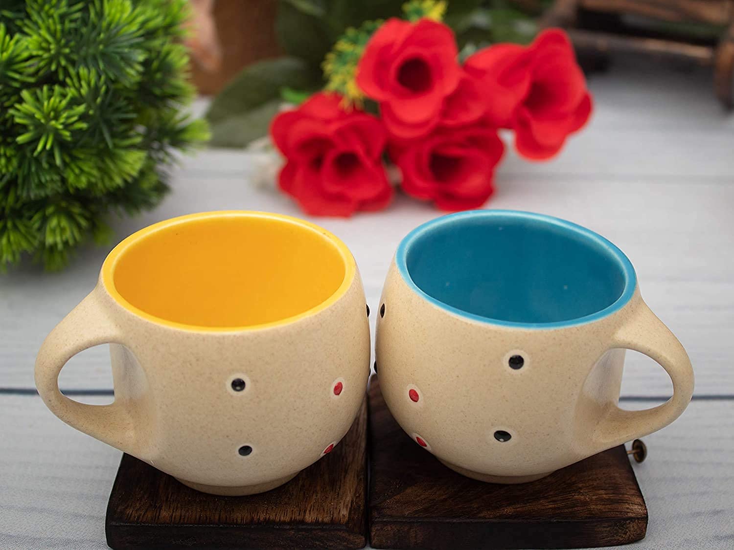 KV Crockwares Dot Round Ceramic Tea Cup - Set of 6, Multicolour, 130Ml