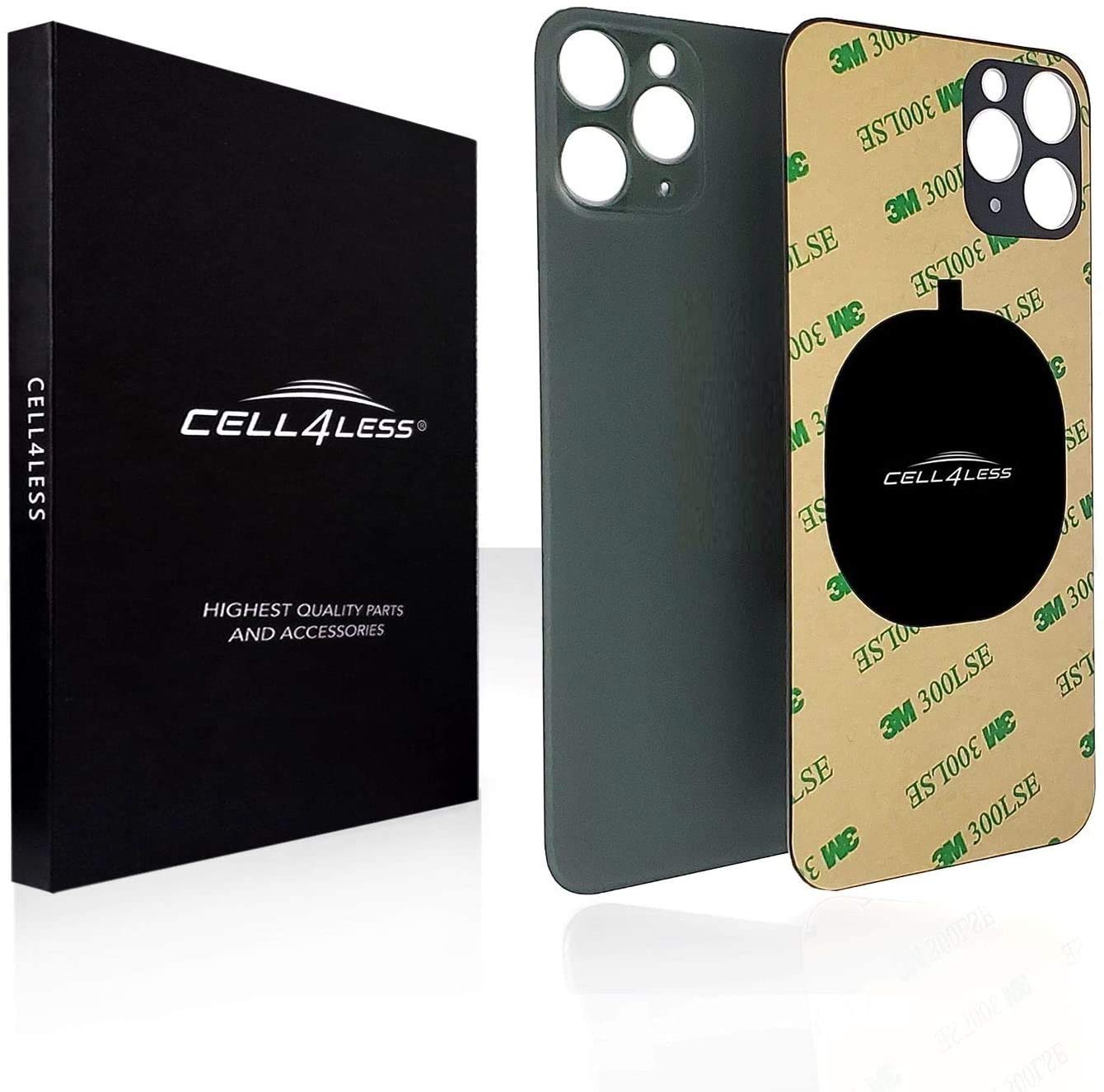 Cell4less Back Glass Compatible with The iPhone 11 Pro W/Full Body Adhesive, Removal Tool, and Wide Camera Hole for Quicker Installation (Green)