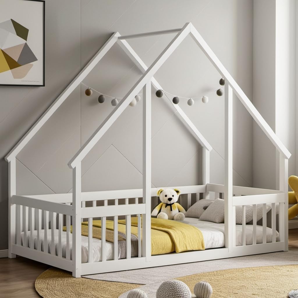 twin size montessori floor bed with fence & guardrails for kids girls boys,house floor bed with slats,easy assembly & no box spring needed, white twin white