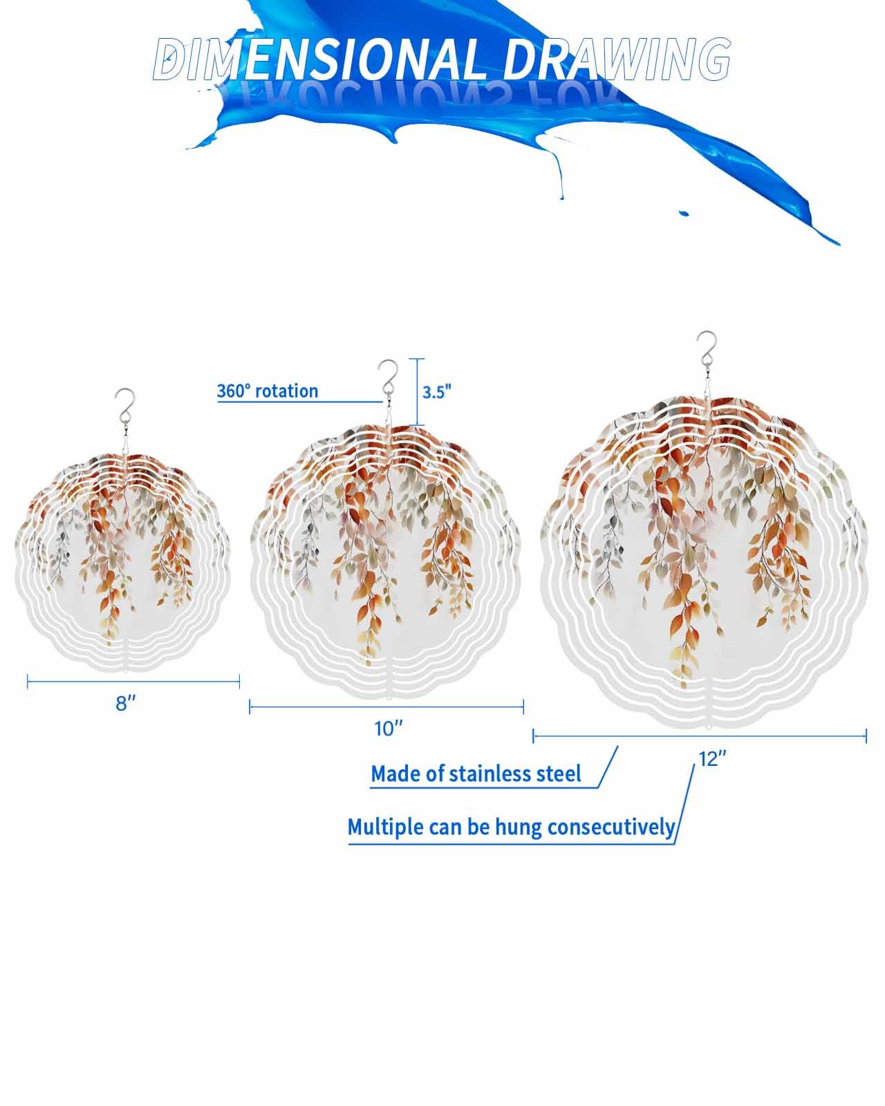 Fall Wind Spinners, Plant Autumn Leaf Hanging Wind Spinners for Yard and Garden 3D Stainless Steel Metal Sculptures Crafts Ornaments 12 Inch