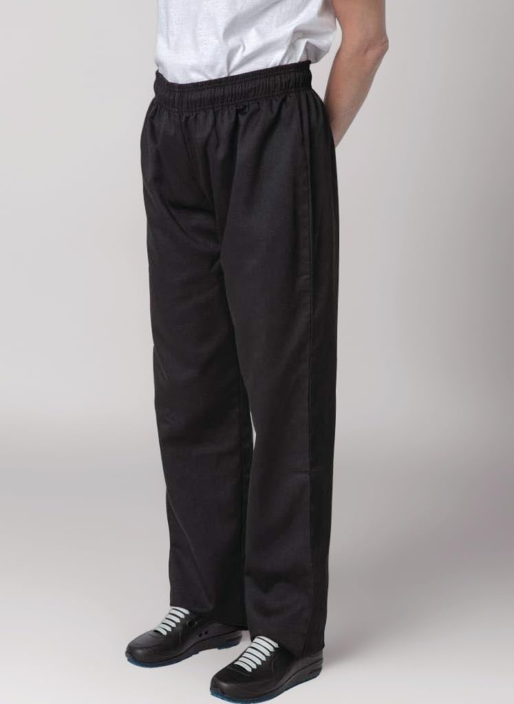 Essentials Chef Trousers Black - Elasticated Waist with Drawstring Ties and Back Pocket BB477-L