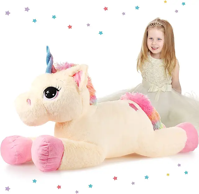Peluche Licorne Géante 32 Pouces Beige - Oreiller Doux et Décoratif