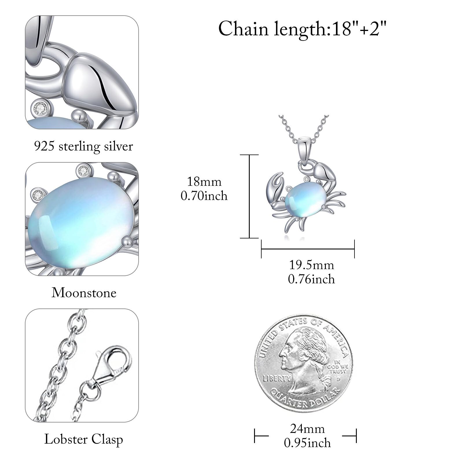 Mondstein Krabben Halskette für Damen aus 925 Sterling-Silber Meer Anhänger Damen Schmuck Geschenkideen