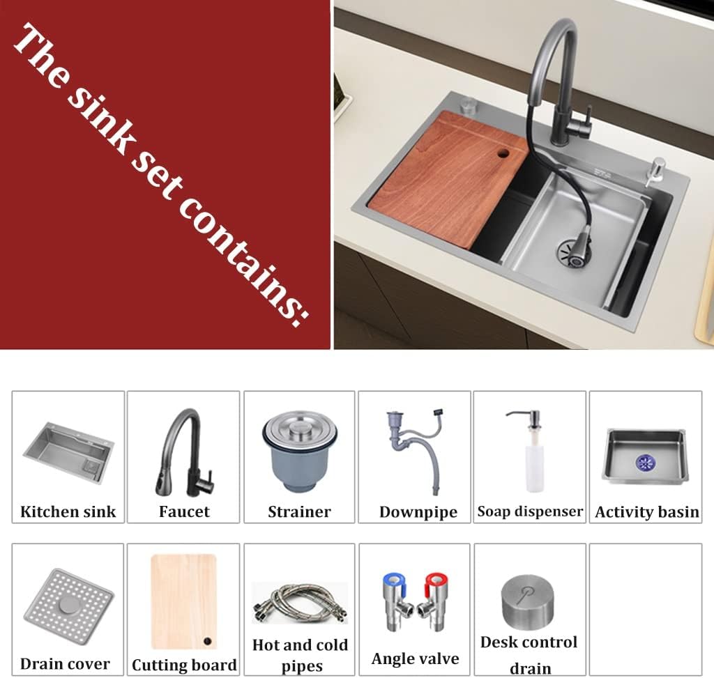 Home Décor Stainless Steel Bowl Bar Sink Single Prep Rv Kitchen Sink Rotary Table Control Drainer with Tap and Drain Assembly Kitchen Gift (68 * 45 * 21Cm