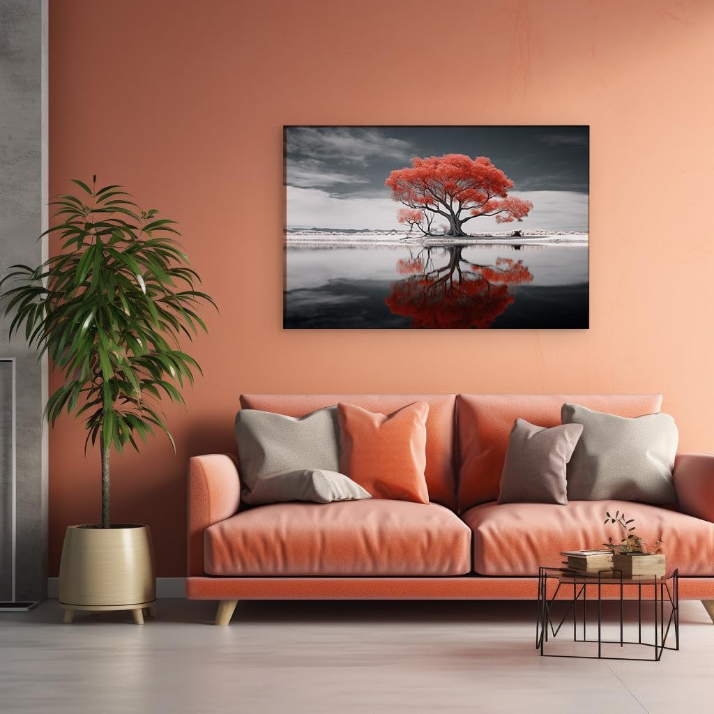 Canvas for Living room. Solitary Scarlet Sentinel: A Striking Infrared Vision by the Lake, 27 x 18 inch Canvas Wall Art - Photographic Simplicity - Modern Home Decor - 69x46 cm (27x18 inch)