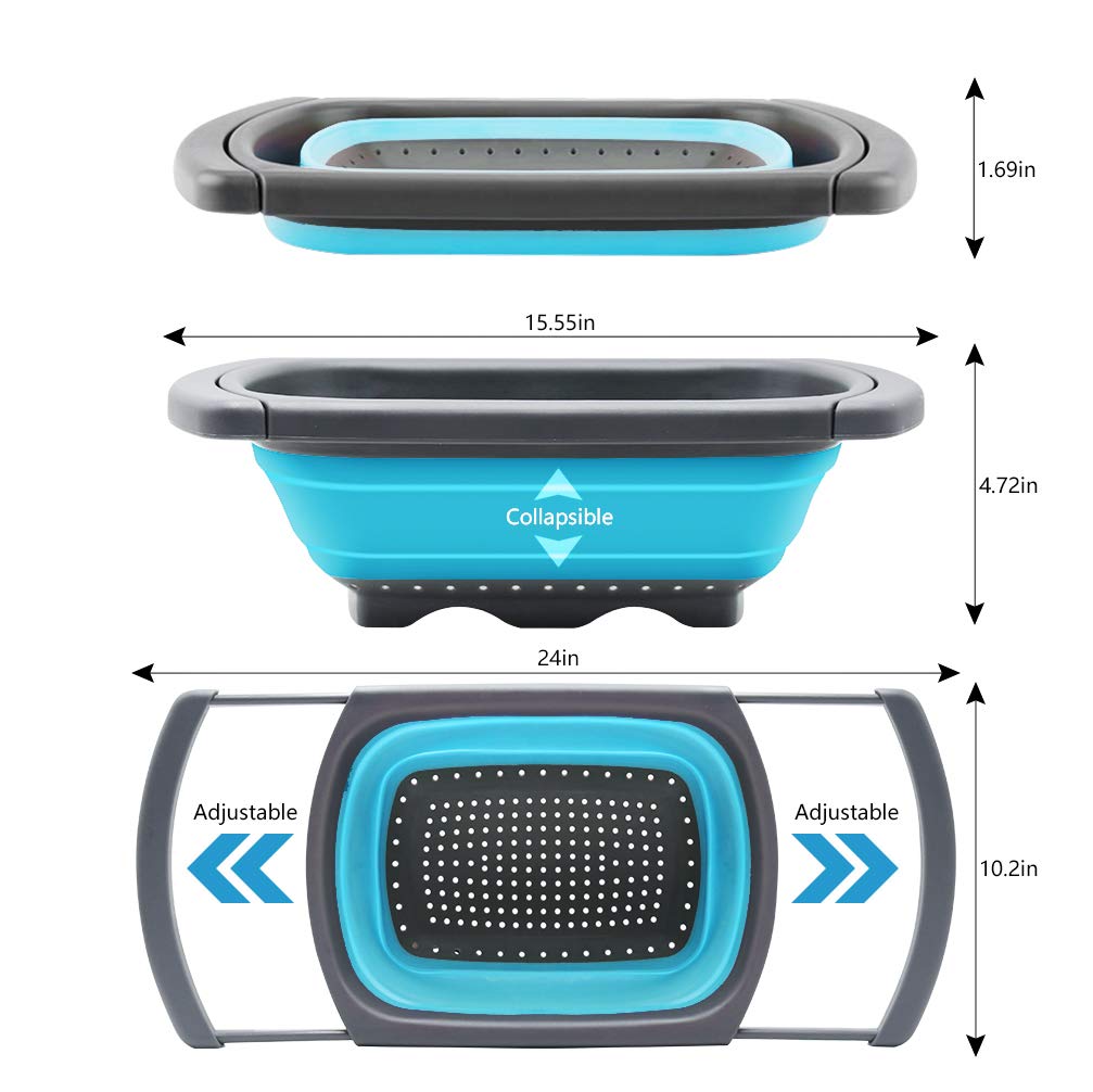 QiMH Juego de 3-2 coladores plegables de 4 cuartos y 1 colador de 6 cuartos de galón sobre el fregadero, base de plástico resistente de grado alimenticio, colador de alimentos plegable de silicona