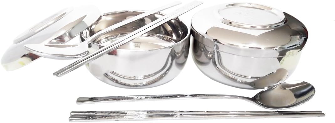 Set of 2 Vacuum Insulated Stainless Steel Korean Traditional Style Rice Bowl with Spoon and Chopsticks. Metal Dinnerware