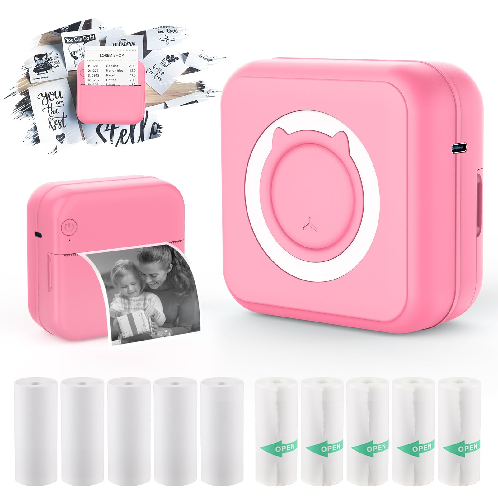 HUIJUTCHEN Mini Pocket Printer Portable Thermal Photo Printer with 10 Rolls Printing Paper for Android or iOS APP, Bluetooth Inkless Printer Labler Maker (Pink)
