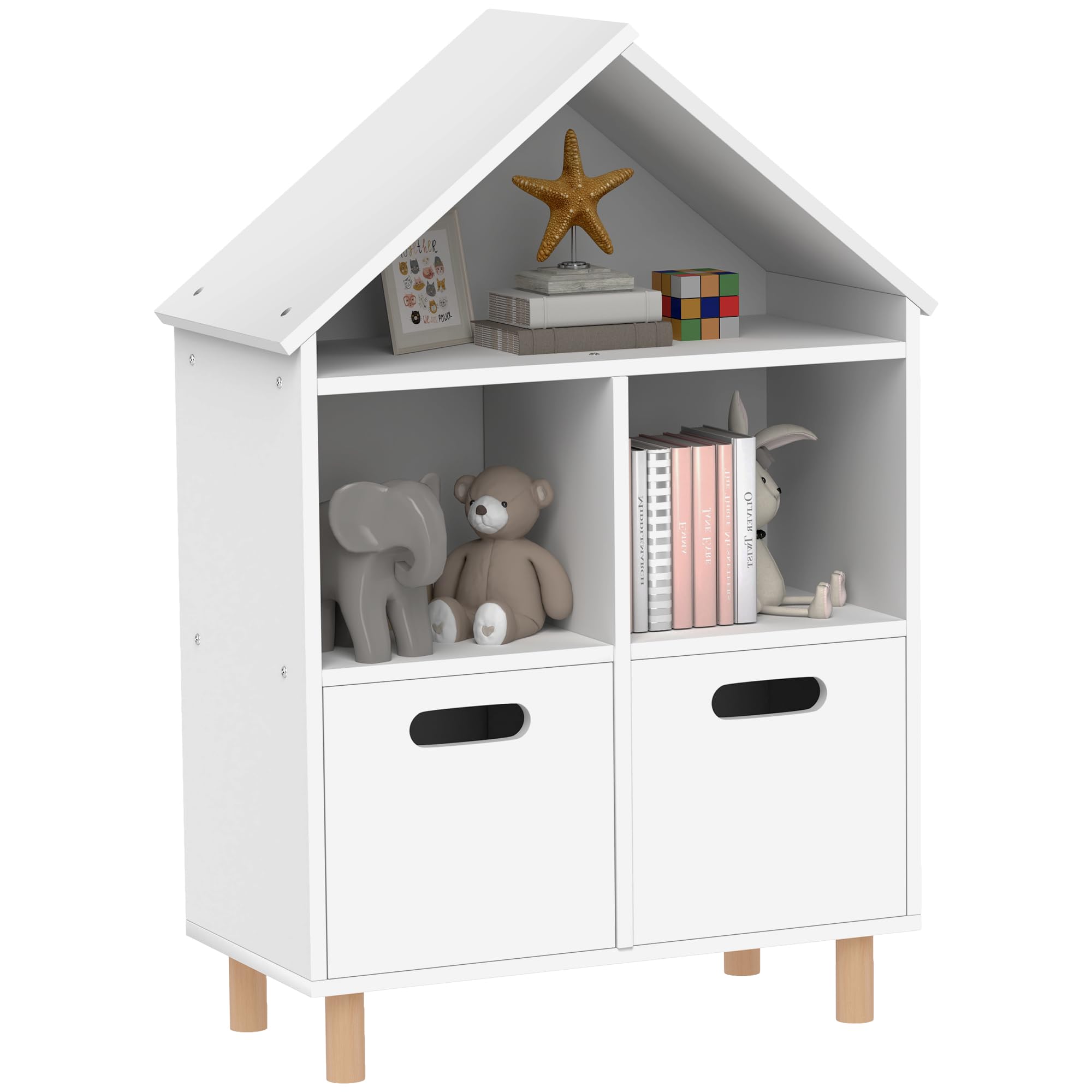 AIYAPLAY Bibliothèque Enfants 3 Niveaux 2 Tiroirs 63,7x29,7x89,5 cm Blanc | Meuble de Rangement, Forme Maison, pour Chambre à Coucher Et Chambres d'Enfants
