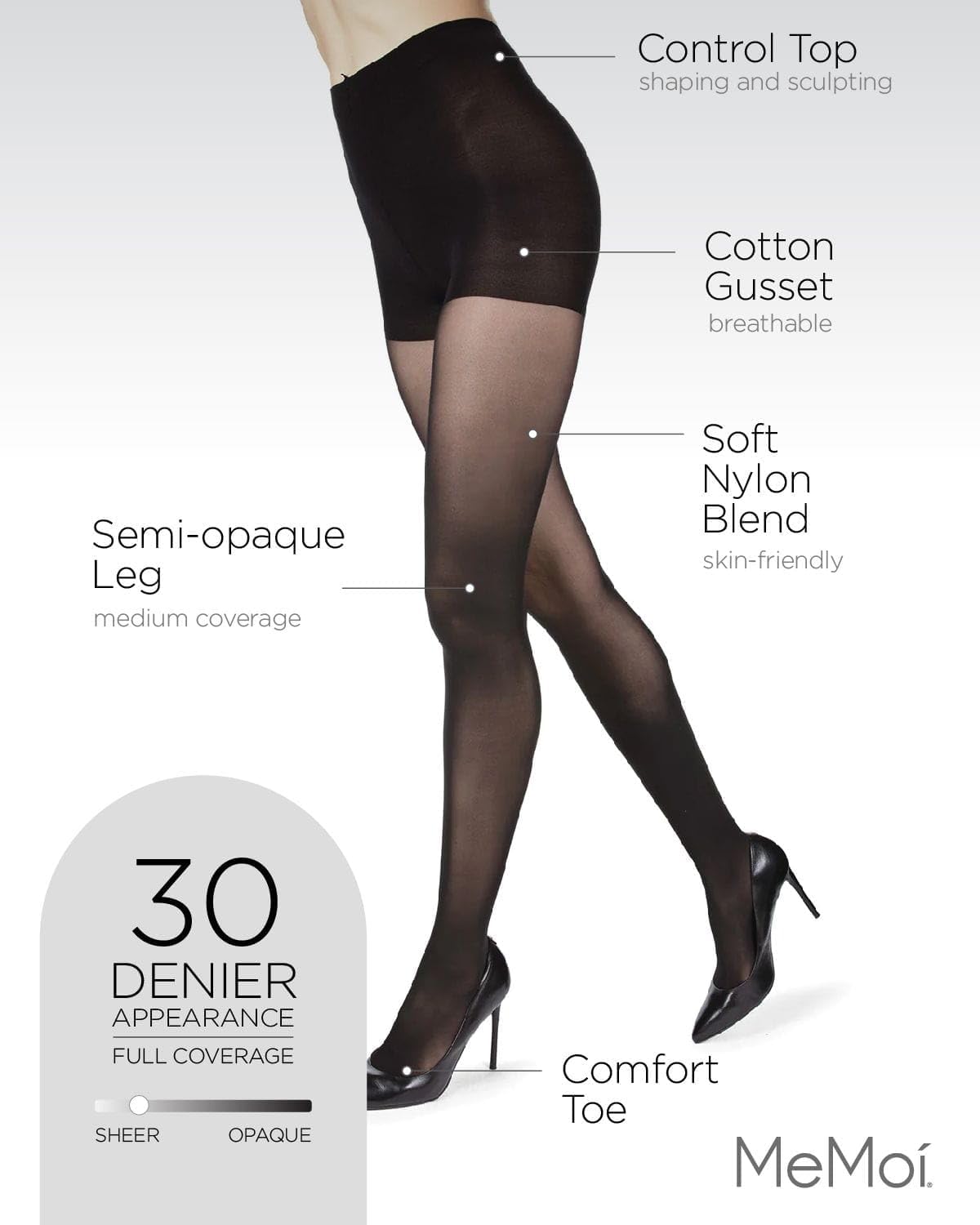 MeMoi Velveteen Semi Opaque Tights, Comfortable and Lightweight Control Top Tights, 30 Denier - Sizes S-Q2 - Image 3