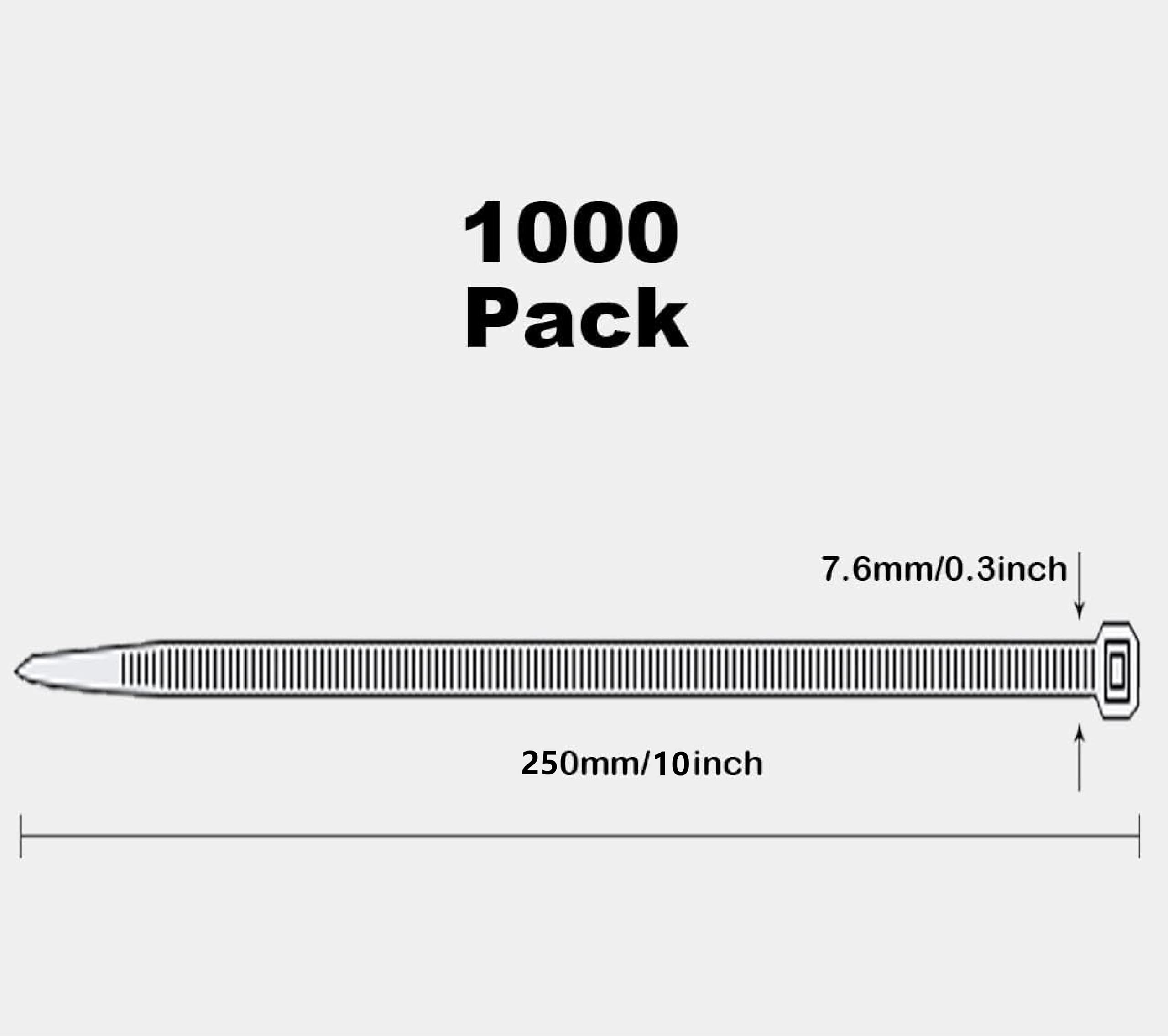 Fascette stringicavo nero 250 mm × 7,6 mm 1000 pezzi in nylon resistente ai raggi UV con 55 kg di resistenza alla trazione extra forte plastica fascette autobloccanti per industria,