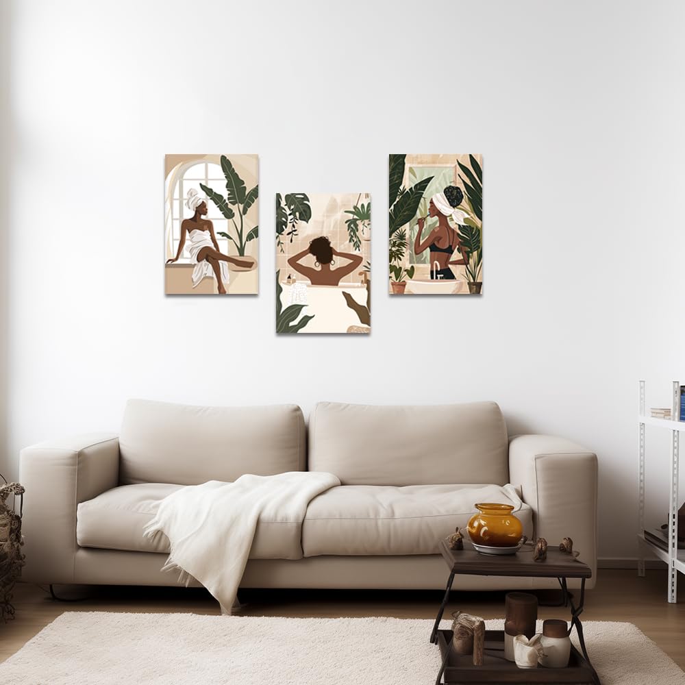 ZQQART Black Girl Canvas Wall Art Fashion African American Picture Prints Boho Black Woman Female Paintings Bathroom Home Wall Decor Framed(White,12.00"x16.00"x3Pcs) - Image 3