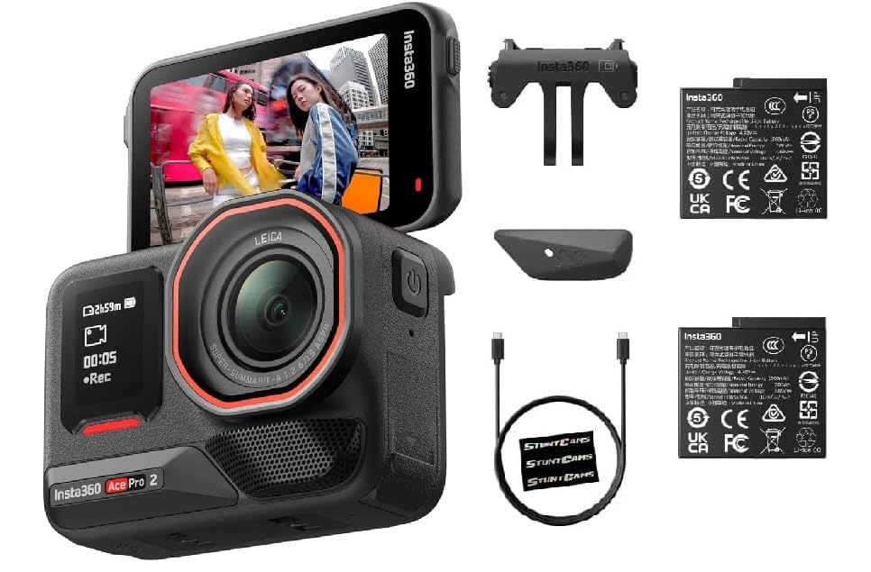 Insta360 Ace Pro 2 Dual Battery Bundle Waterproof 33ft Action Camera Lens 8K Large Sensor and Dual AI Editing Noise Reduction 1/1.3 Sensor Leading Low Light Flip Up LCD Screen Sports Content