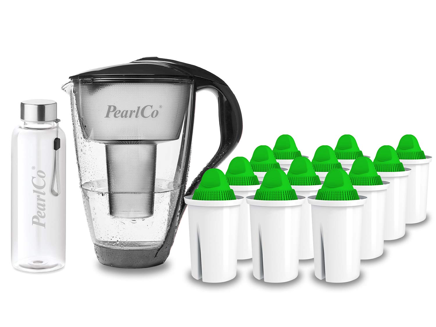 PearlCo - Szklany filtr do wody (antracyt) z 12 wkładami filtrującymi alkalicznymi Classic + 1 butelka na napoje ze szkła