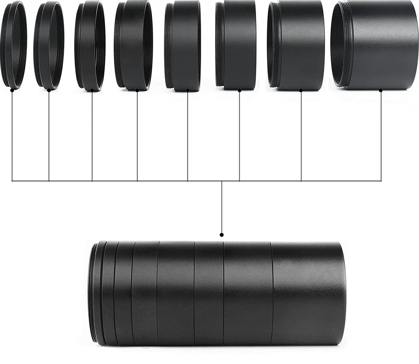 Tubo di prolunga telescopico astronomico T2 M42 x 0,75 kit lunghezza 3/5/7/10/12/15/20/30 mm (8 pezzi)