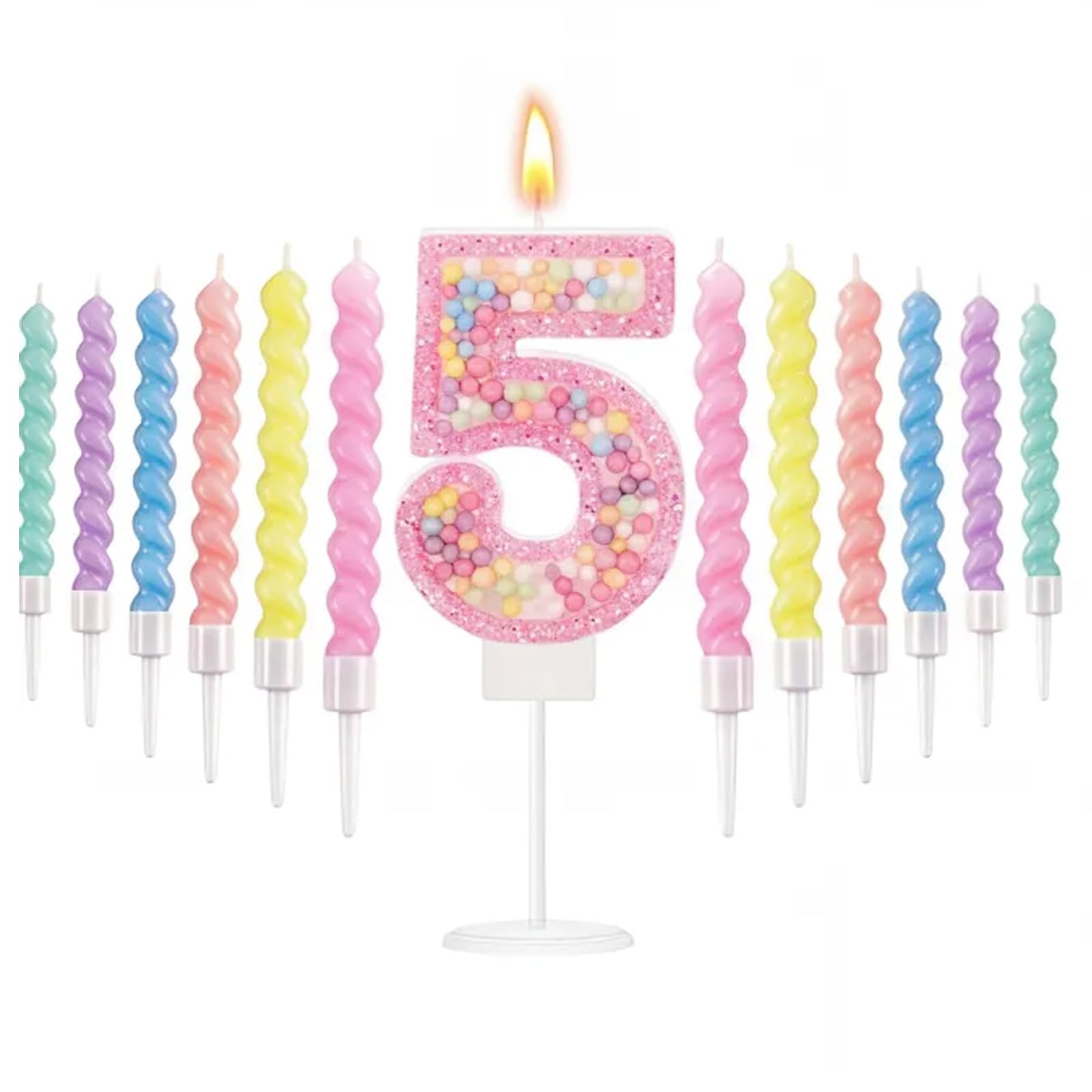 Pink Macaron 5th Birthday Candles Set, Number 5 Birthday Candle with 12pcs Spiral Candles for Girls Boy 5th Birthday Decorations, Rainbow Cake Topper for Party Decoration, Baby Showers Supplies