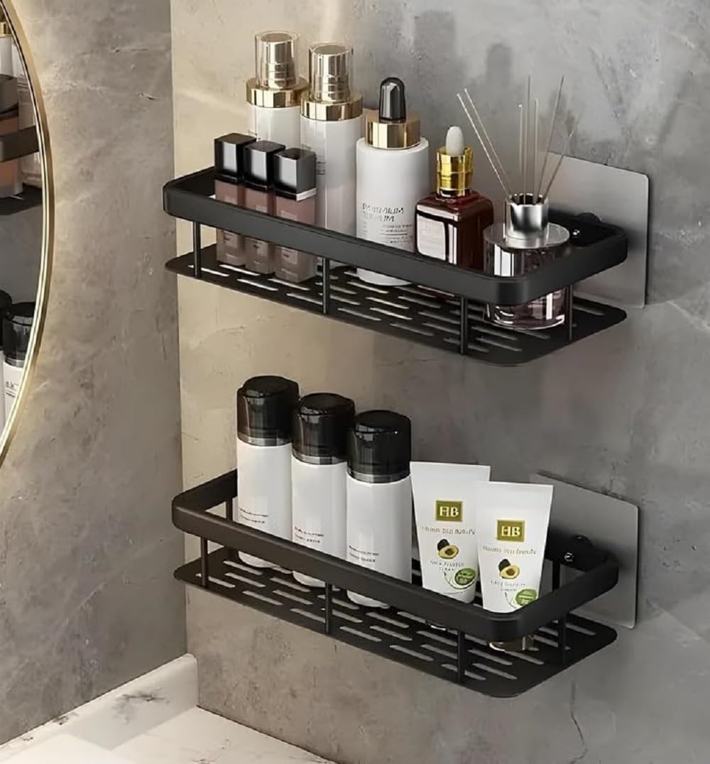 ONISWELL Wall Mounted Bathroom Shelf Rack with Drain Tray & Adhesive Mount (Black, Pack of 2) | Metal Bathroom Organizer for Sink Area, Toiletries, Skincare, Shampoo & Bathroom Accessories Storage 4