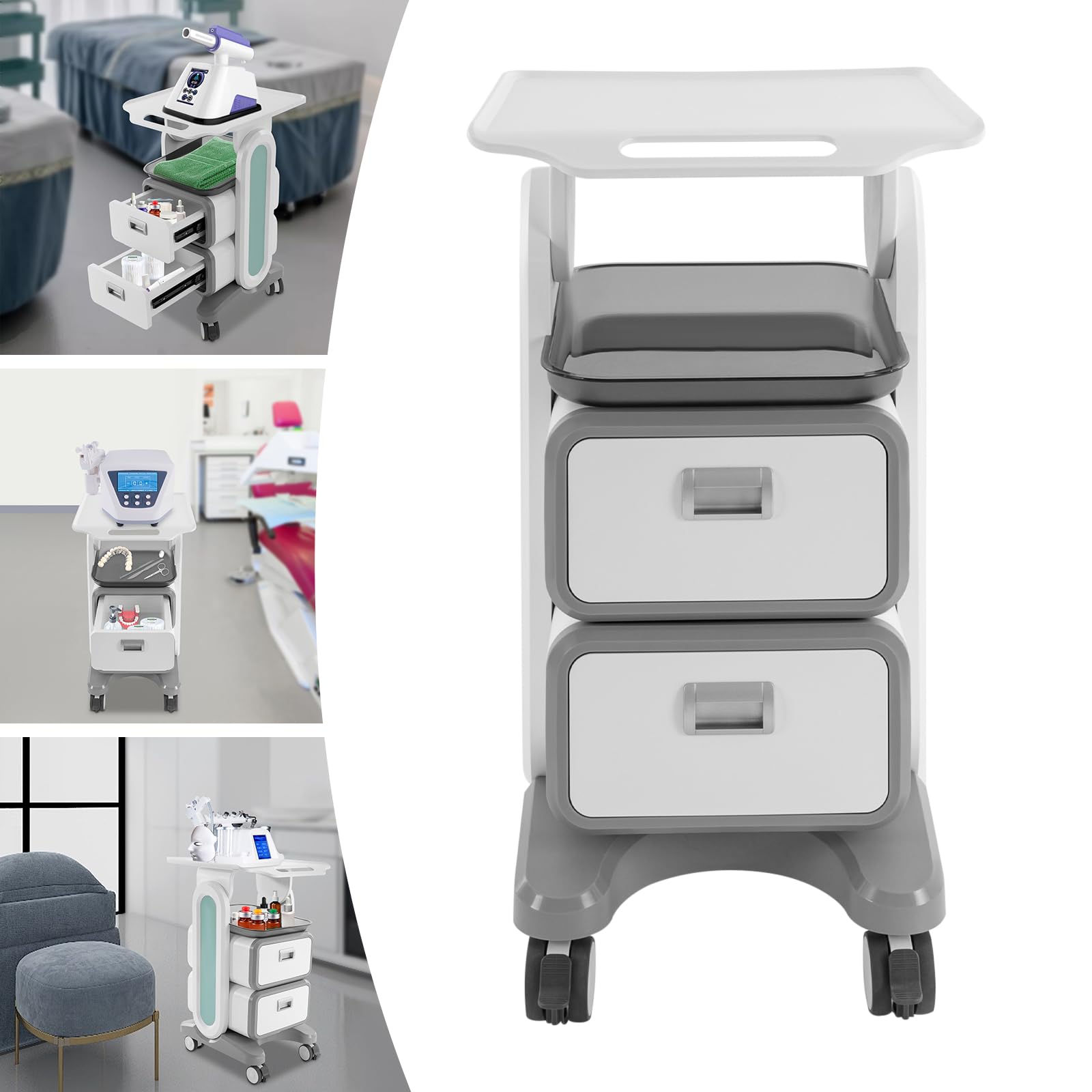 Lemoeyes Beauty Trolley Cart, Rolling Lab Cart with Wheels and Drawers, Professional Utility Cart Mobile Salon Storage Trolley, 132 lbs Weight Capacity (3-Tiers, 2 Drawers)