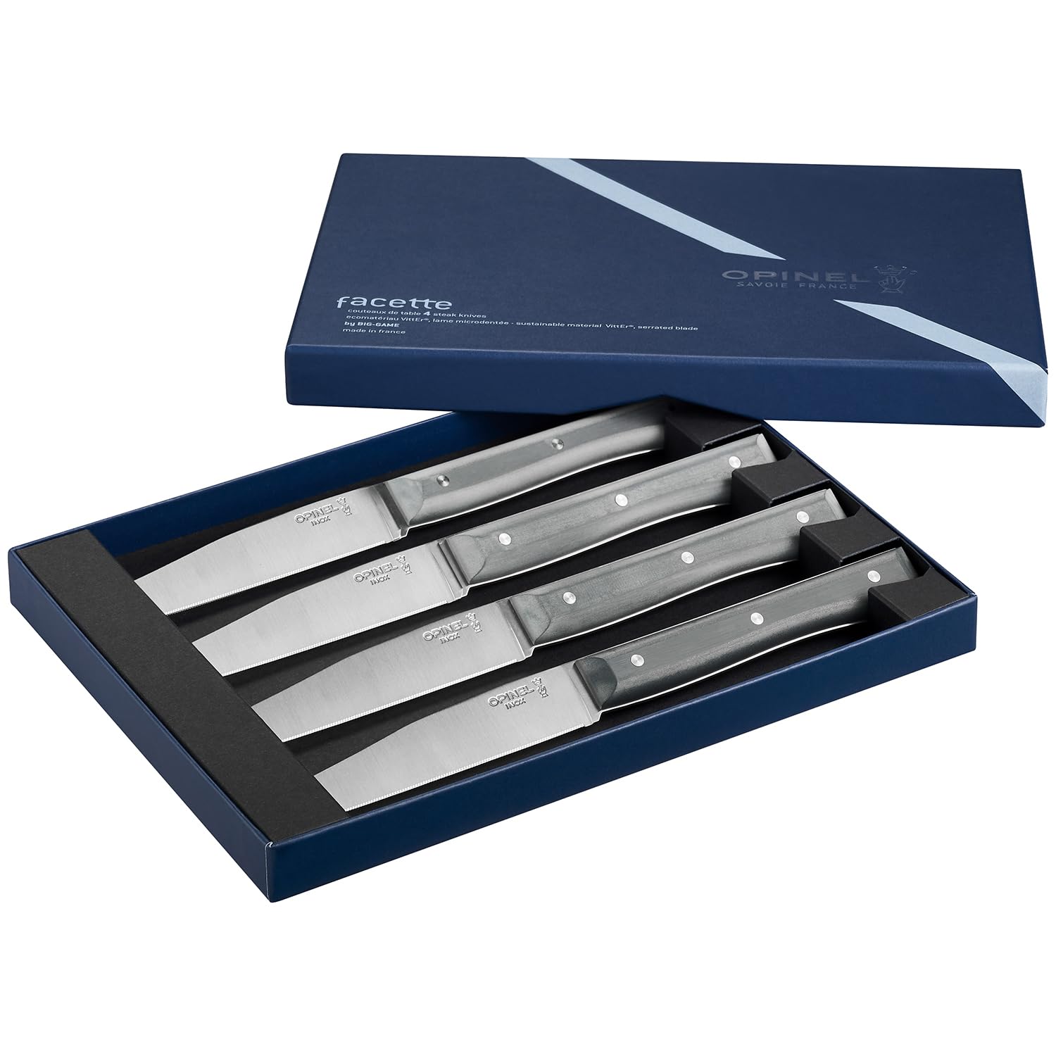 OPINEL - Set di 4 Coltelli da Tavola Facette Ardoise - Lama in Acciaio Inossidabile Microdentato - Manico in Materiale Ecologico VittEr - Garanzia a Vita - Fabbricazione Francese