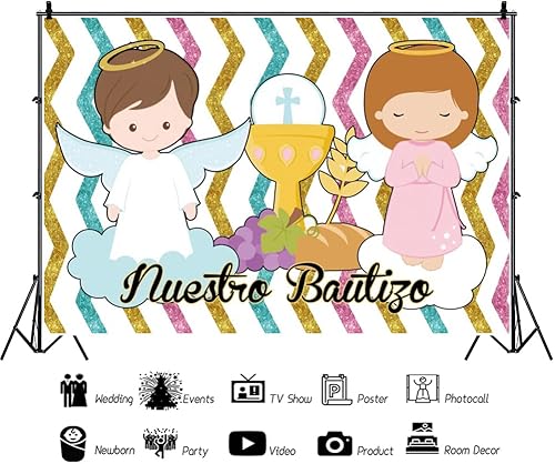 Miniatura 2 de DASHAN Telón de fondo de poliéster de 6 x 4 pies con texto en inglés Nuestro Bautizo para niños, niñas, baby shower, bautizo, para la primera
