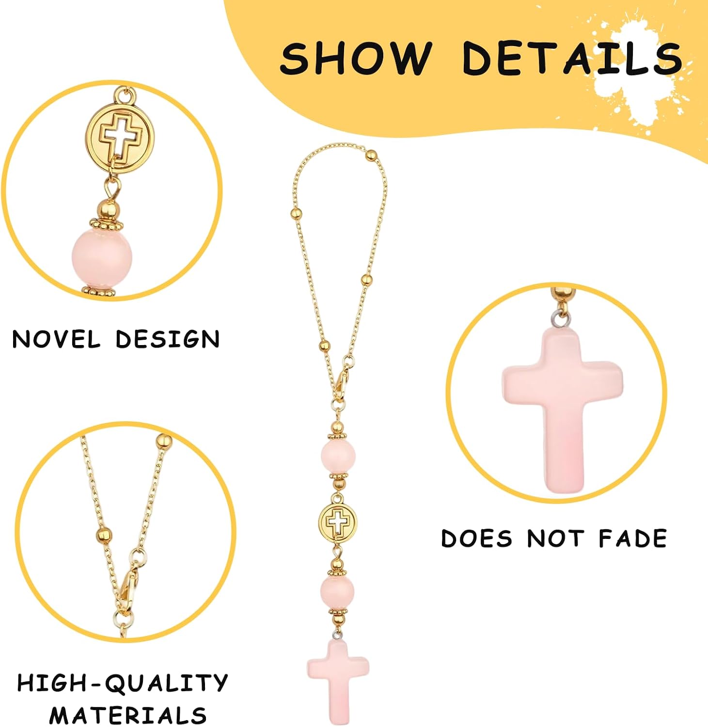 Cross Car Hanging Ornament, Hanging Charm Home Decoration Keepsake, Glass Beaded Accessories Pendant for Rear View Mirror, Festival Car Decor Charm for Men and Women (Pink)