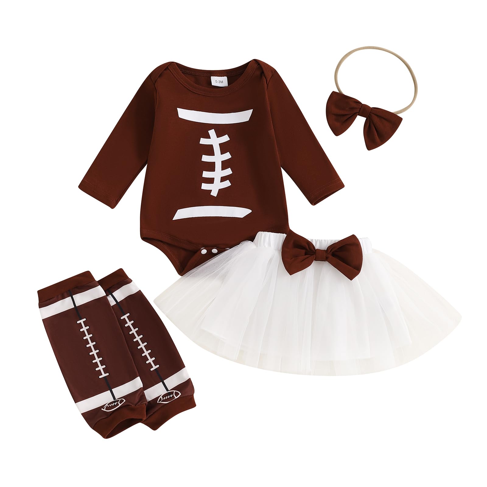 GINEVSAL Baby Girl Football Outfit Long Sleeve Crewneck Sweatshirt Romper Tutu Tulle A-Line Skirt Socks Headband Set 4Pcs (Brown, 0-3 Months)