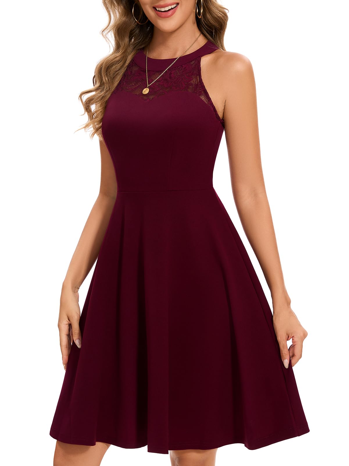 Women Vintage Halter Dress Lace A-Line Sleeveless Cocktail Party Wedding Guest Dress