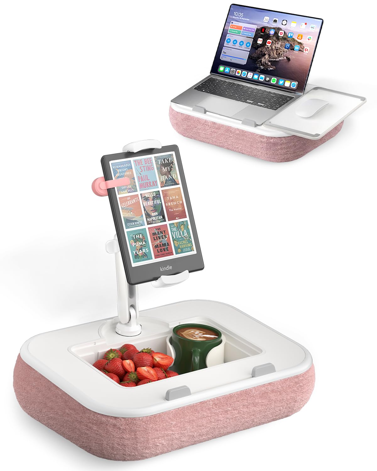 SupeDesk Supporto per Kindle, supporto per tablet, supporto per Kindle, compatibile con cellulare da 4,7 – 15", supporto per laptop con tappetino per mouse, snack, portabicchieri e braccio girevole a